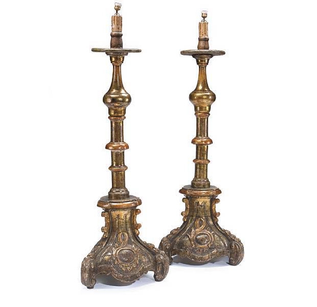 18th Century Pair Spanish Baroque Silver and Giltwood Torcheres