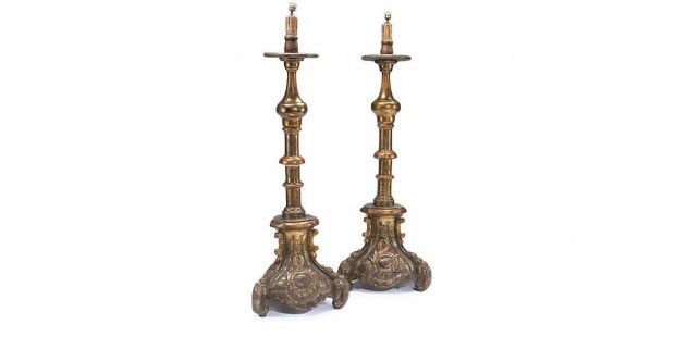 18th Century Pair Spanish Baroque Silver and Giltwood Torcheres