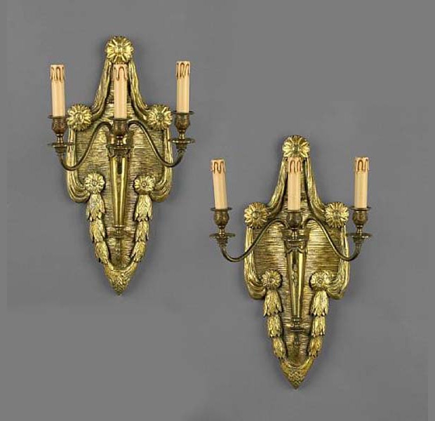 19th Century Pair Neo-classical Carved Giltwood and Gilt Bronze Sconces