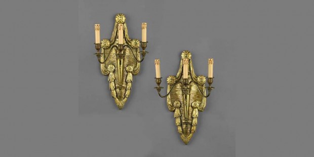 19th Century Pair Neo-classical Carved Giltwood and Gilt Bronze Sconces