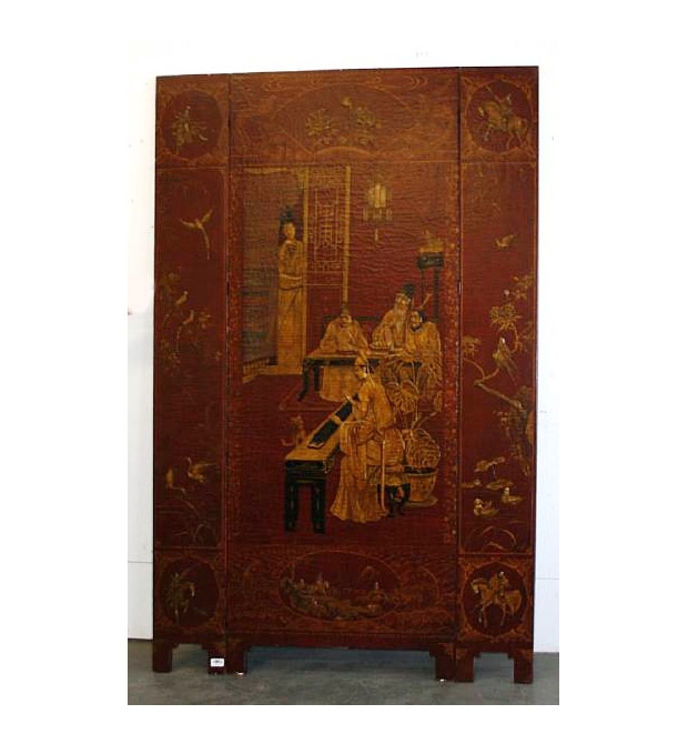 19th Century Chinese Red Lacquered Three-Panel Floor Screen