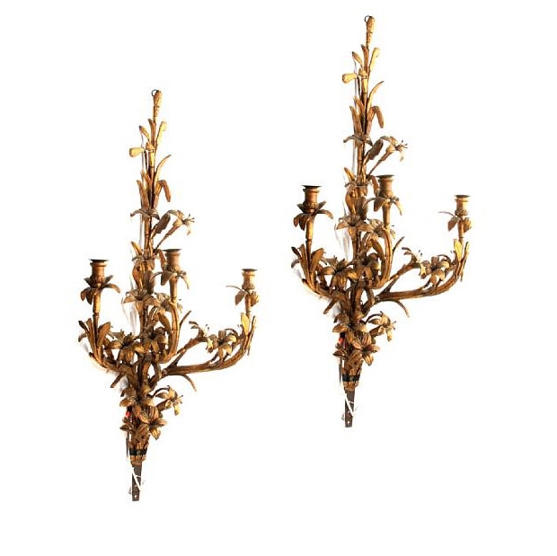 19th Century Rococo-Style Giltwood Three-Light Wall Floral Sconces