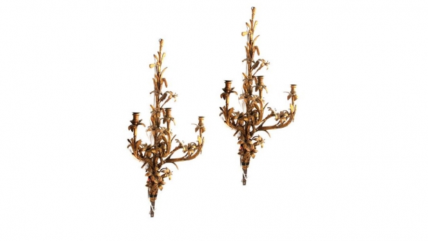 19th Century Rococo-Style Giltwood Three-Light Wall Floral Sconces