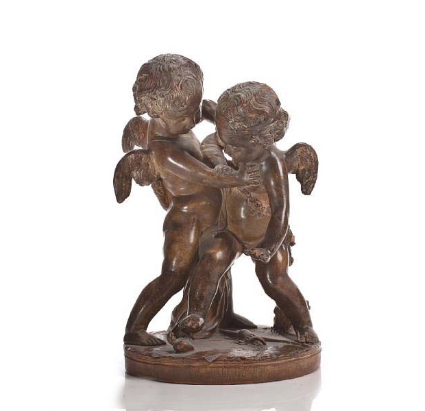 Antique French Glazed Terracotta Figural Group of Two Putti