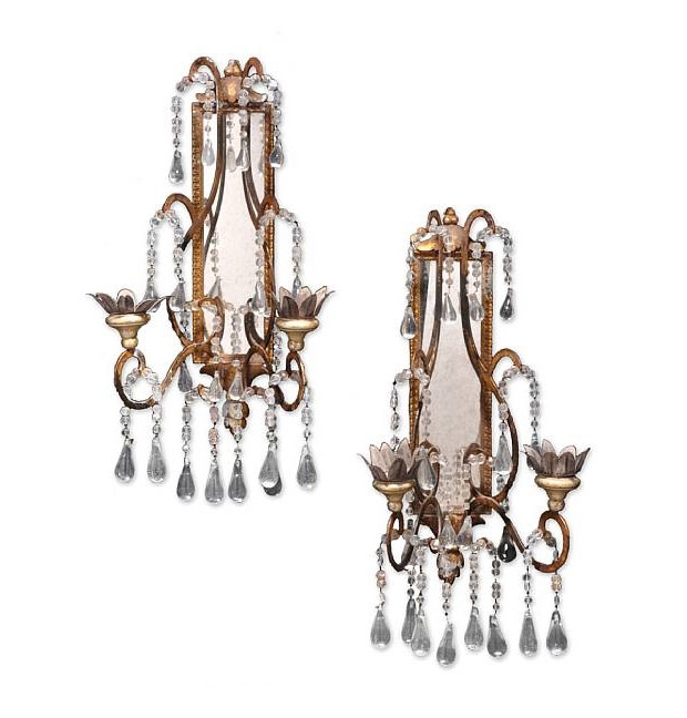 Early 20th Century Pair of Neoclassical Style Gilt Brass and Wood, Mirrored and Cut Crystal Two Light Sconces