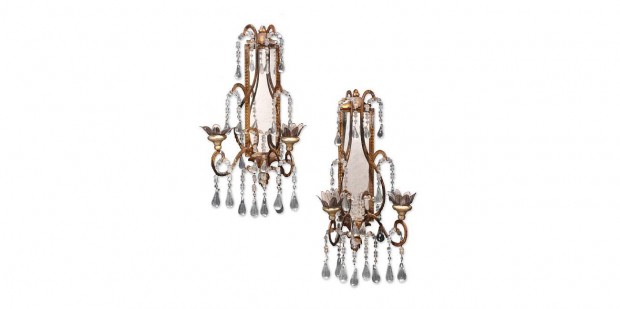 Early 20th Century Pair of Neoclassical Style Gilt Brass and Wood, Mirrored and Cut Crystal Two Light Sconces