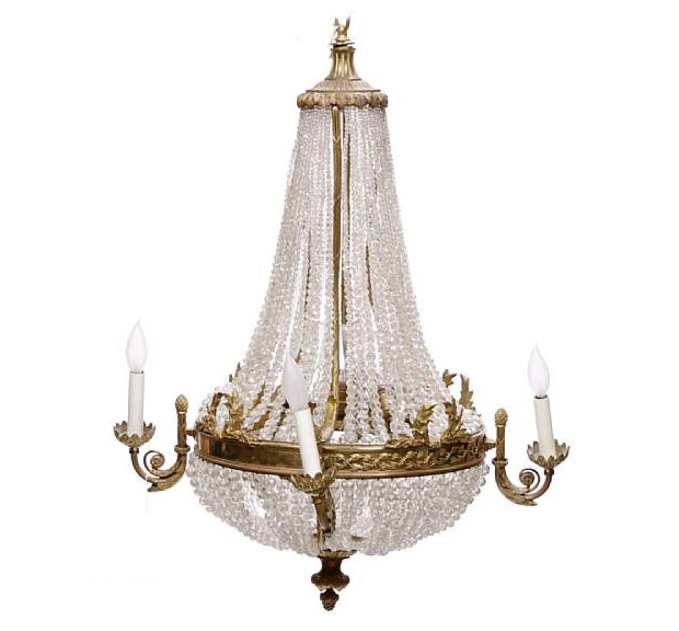 Neoclassical Style Gilt Metal and Beaded Cut Glass Four Light Chandelier