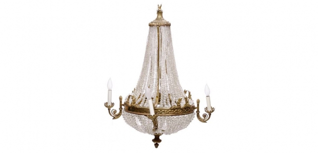 Neoclassical Style Gilt Metal and Beaded Cut Glass Four Light Chandelier