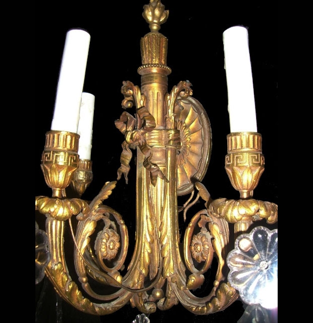 Pair Louis XVI Style Gilt Bronze Three Light Sconces