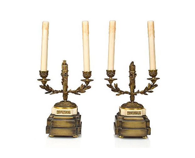 Pair-of-19-c.-Neoclassical-style-bronze-and-white-marble-two-light-candelabra-mounted-as-table-lamps-1