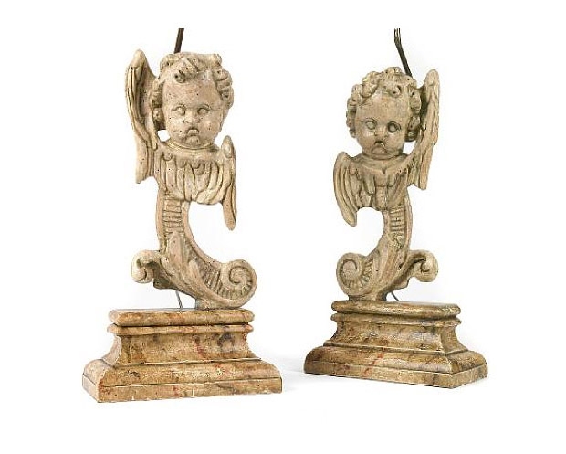 Pair of Continental Rococo Style Paint Decorated Wood Seraphim Lamps