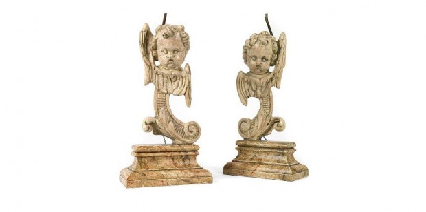 Pair of Continental Rococo Style Paint Decorated Wood Seraphim Lamps