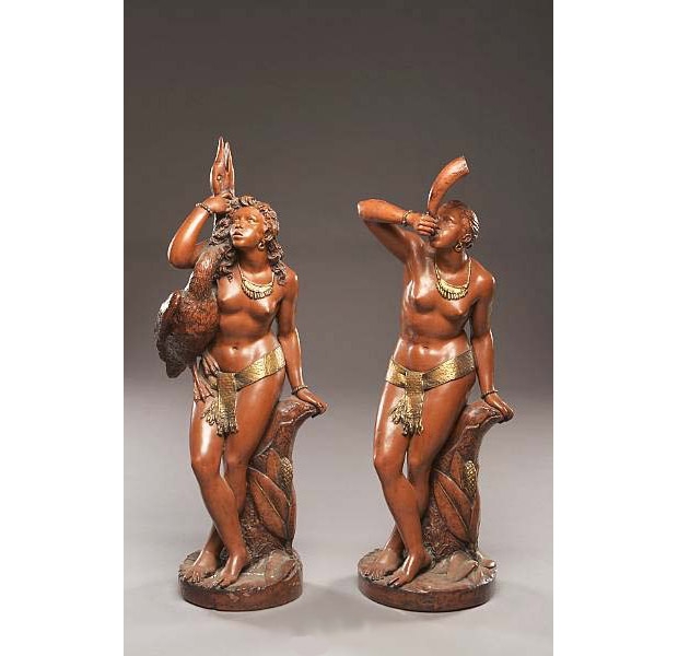 Pair of Continental Paint Decorated and Parcel Gilt Terracotta Figures