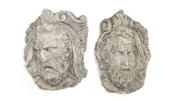 Antique Pair of Continental Cast Stone Wall Masks