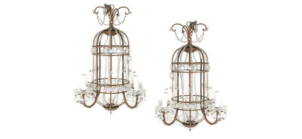 Pair of Birdcage Form Four Light Chandeliers