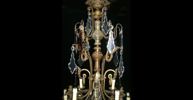 Antique Spanish Cut Crystal & Amber Crystal 32 Light Mounted Bronze Chandelier