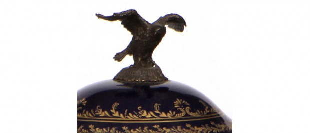 Pair French bronze mounted Sevres Style Porcelain Covered Urns with Eagles