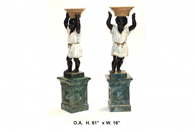 Antique Pair Painted Terra Cotta Balckamoor Figures on Pedestals