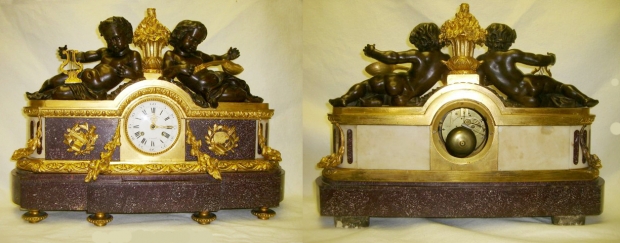 Exceptional French Louis xvi ormolu & patinated bronze mounted Porphry clock with Two reclining boys copy