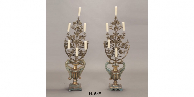 L 19 E 20th Pr Italian hand forged wrought iron and painted carved wood 6 light floor candelabras