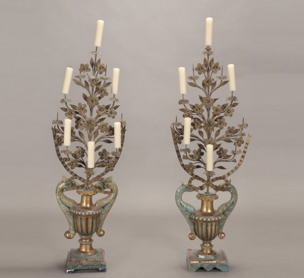 L 19 E 20th Pr Italian hand forged wrought iron and painted carved wood 6 light floor candelabras c