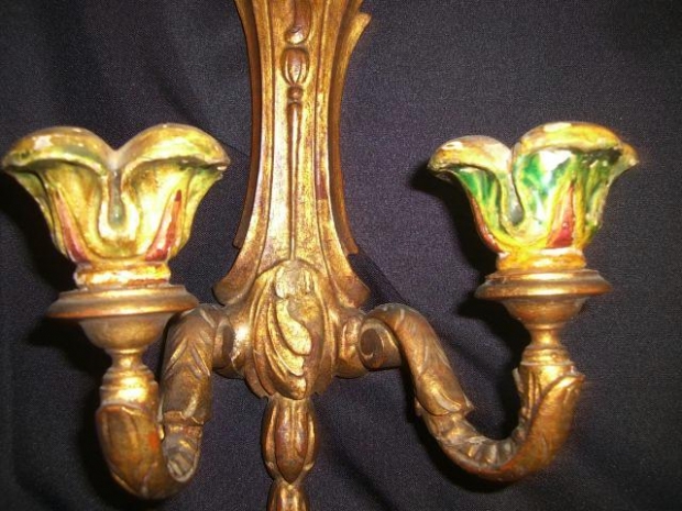 Pair Italian carved giltwood 2 light sconces with heads (2)