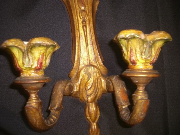 Pair Italian carved giltwood 2 light sconces with heads (3)