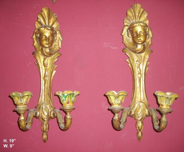Pair Italian carved giltwood 2 light sconces with heads (6)