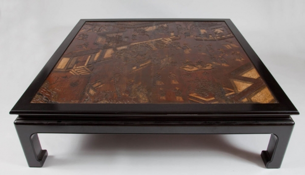 Wood coffee table w. top made from fragments of Chinese coromandel screen (1)