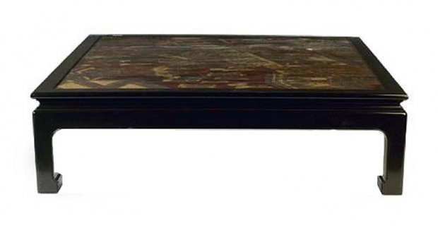 Wood coffee table w. top made from fragments of Chinese coromandel screen c