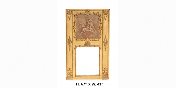 19c French Louis XVI gilt and yellow painted Trumeau mirror