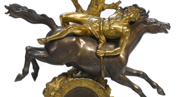 19c Louis Philippe gilt and patinated bronze clock with man laying on horse (1)