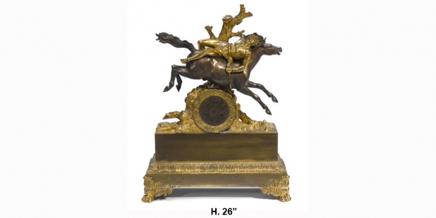 19c Louis Philippe gilt and patinated bronze clock with man laying on horse