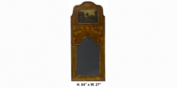 19c Unusual Dutch marquetry inlaid walnut narrow Trumeau mirror
