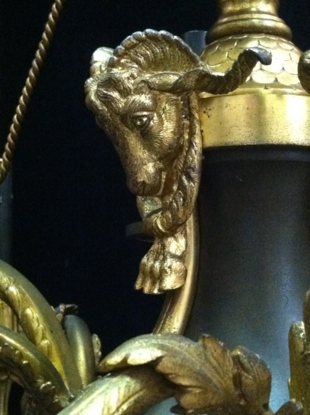 CH07  Antique French gilt and patinated bronze 12 light chandelier with ram heads (1)