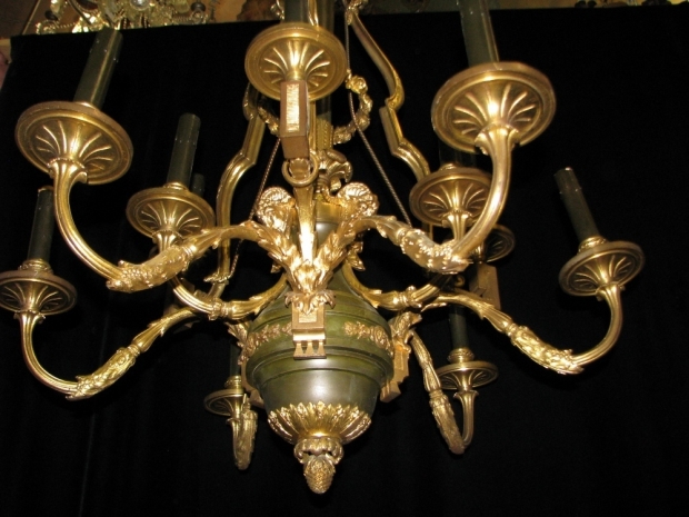 CH07  Antique French gilt and patinated bronze 12 light chandelier with ram heads (10)