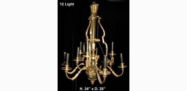 CH07  Antique French gilt and patinated bronze 12 light chandelier with ram heads
