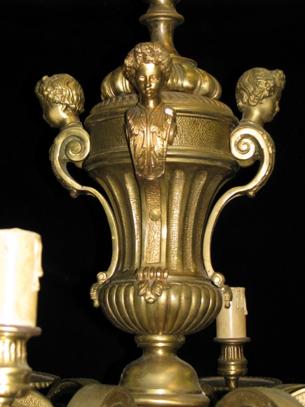 CH14  Fine 19c French Regence gilt bronze 6 light chandelier with  children and woman masks (1)