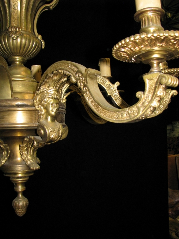 CH14  Fine 19c French Regence gilt bronze 6 light chandelier with  children and woman masks (2)