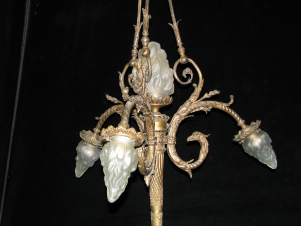CH15  19c Louis XVI style gilt bronze 4 light chandelier with eagle heads and glass flame shades (1)