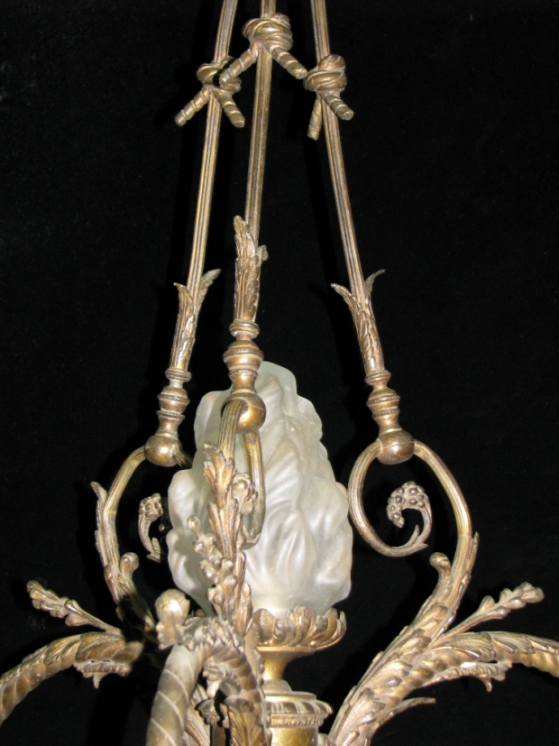 CH15  19c Louis XVI style gilt bronze 4 light chandelier with eagle heads and glass flame shades (3)