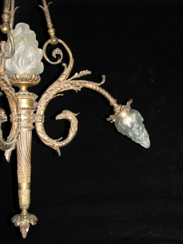 CH15  19c Louis XVI style gilt bronze 4 light chandelier with eagle heads and glass flame shades (4)