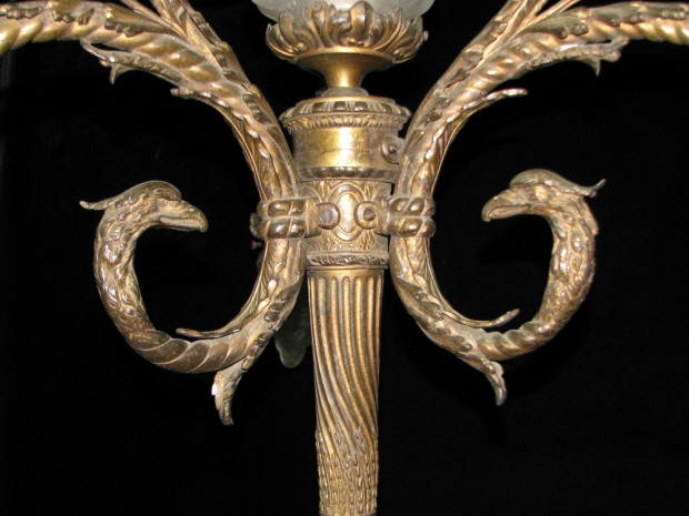 CH15  19c Louis XVI style gilt bronze 4 light chandelier with eagle heads and glass flame shades (5)