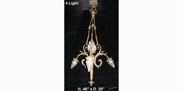 CH15  19c Louis XVI style gilt bronze 4 light chandelier with eagle heads and glass flame shades