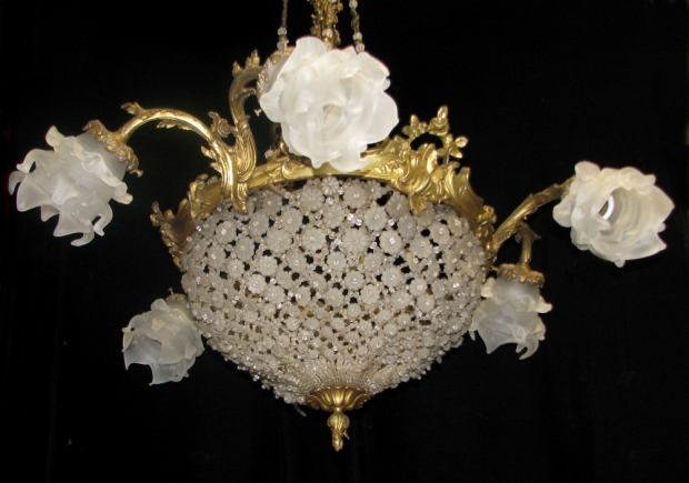 CH21  Antique French crystal and gilt bronze 6 light chandelier with  frosted glass rosettes (1)
