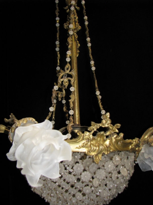 CH21  Antique French crystal and gilt bronze 6 light chandelier with  frosted glass rosettes (2)
