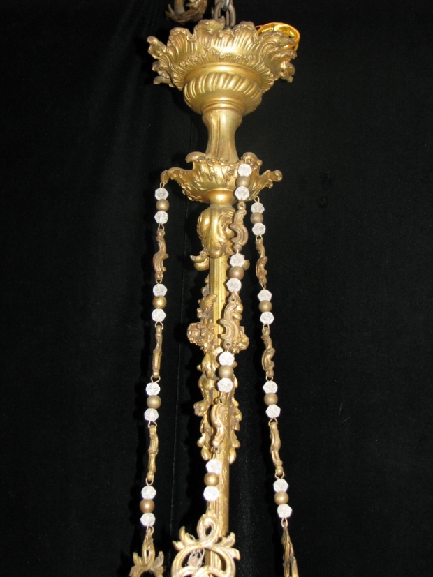 CH21  Antique French crystal and gilt bronze 6 light chandelier with  frosted glass rosettes (3)