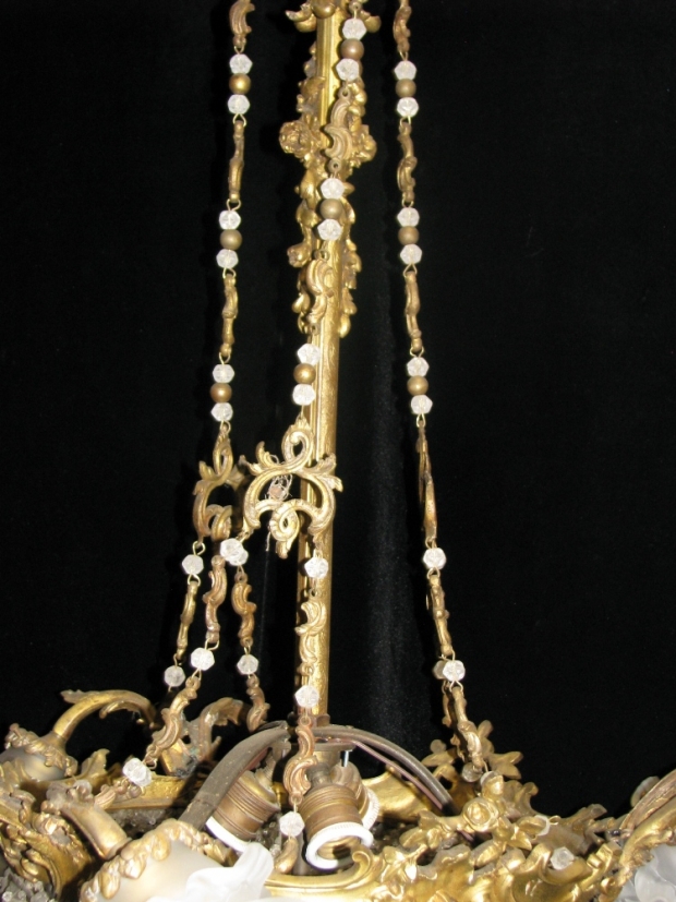 CH21  Antique French crystal and gilt bronze 6 light chandelier with  frosted glass rosettes (4)