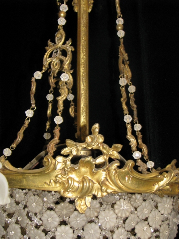 CH21  Antique French crystal and gilt bronze 6 light chandelier with  frosted glass rosettes (5)