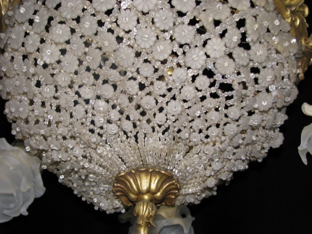 CH21  Antique French crystal and gilt bronze 6 light chandelier with  frosted glass rosettes (6)
